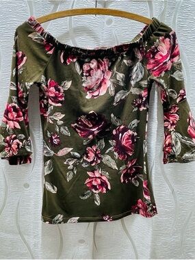 Eclipse Olive Green Floral Top with Pink Rose Print